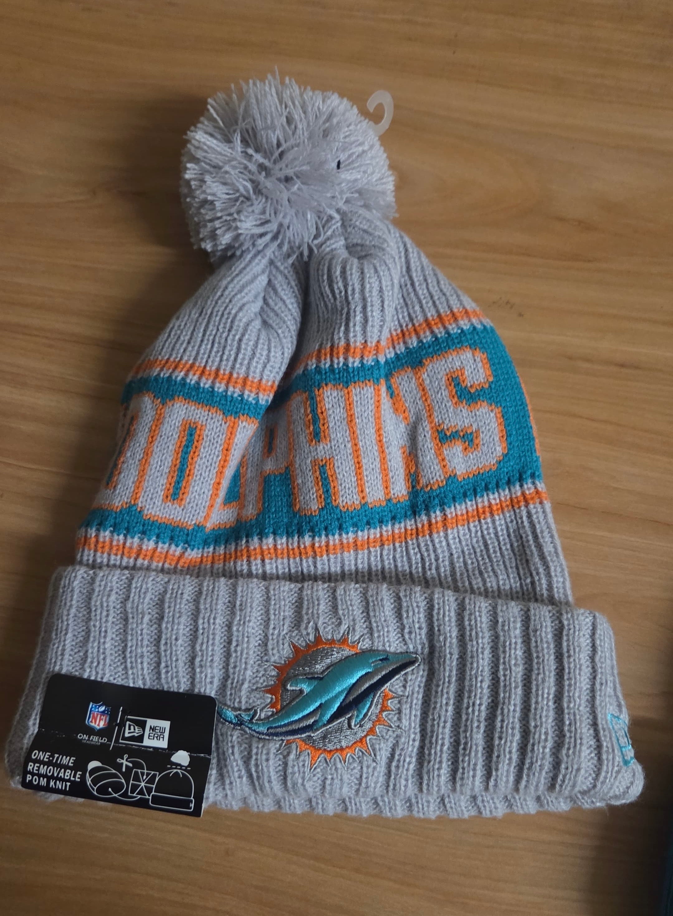 Miami Dolphins Official NFL New Era winter knit Hat with Pom Pom gray