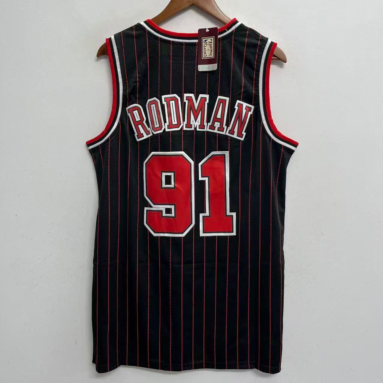 Dennis Rodman Chicago Bulls Official NBA Jersey Mitchell & Ness black pinstripes