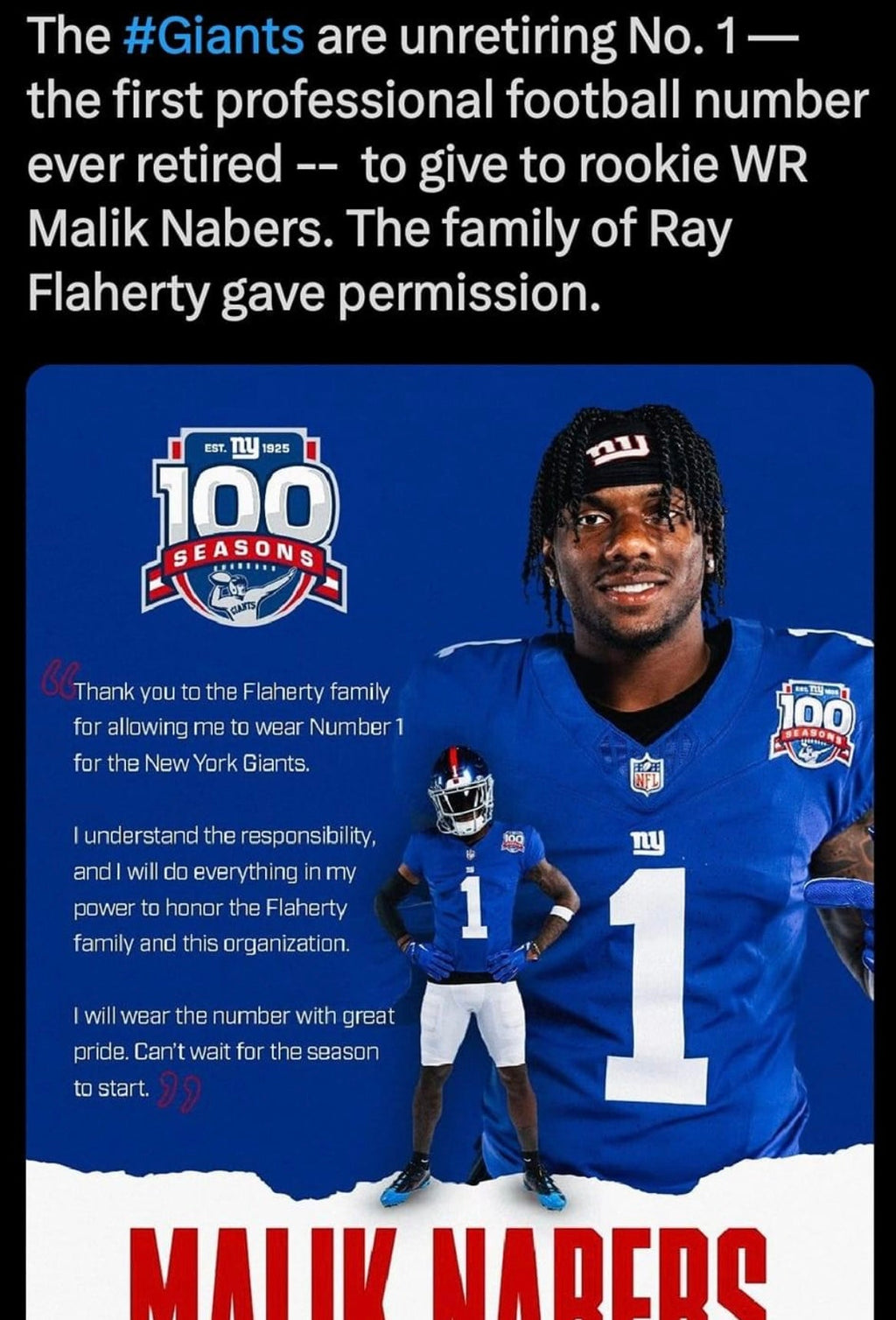 Malik Nabers New York Giants official NFL Nike Jersey blue With 100 years patch